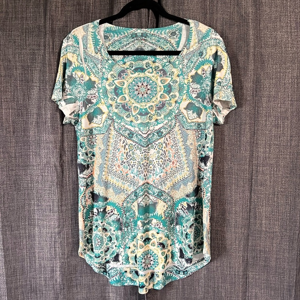 Style & co green and yellow round neck short sleeve tshirt with rhinestones